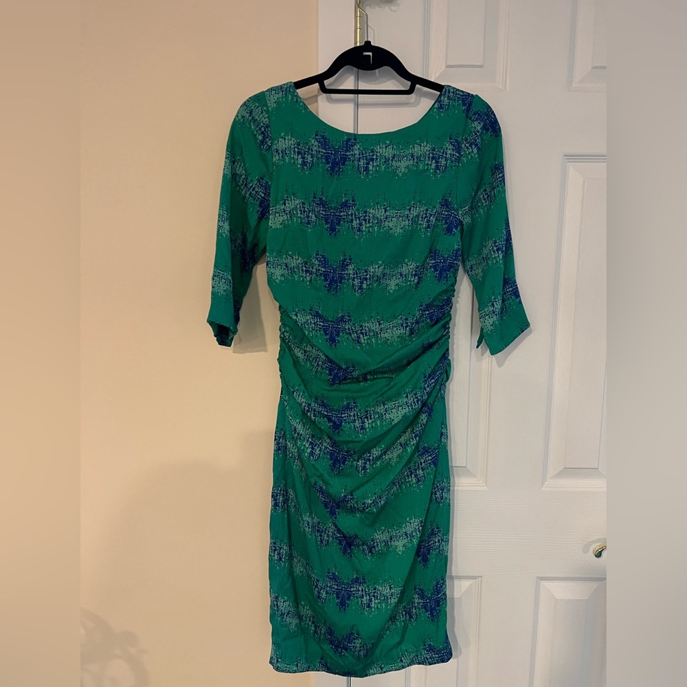 Tracy Reese 3/4 sleeve dress in green and blue